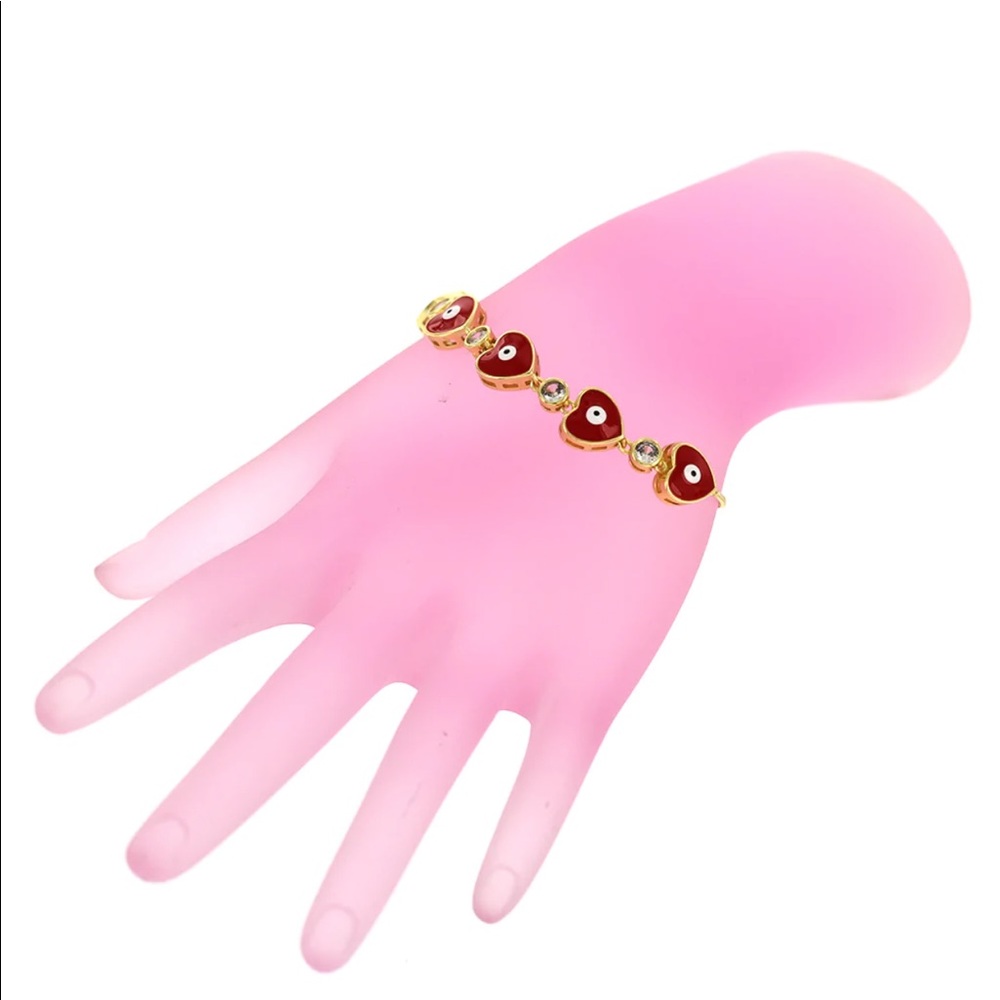 Plated Gold Red Heart Evil Eye Adjustable Bracelet - Picture 3 of 3